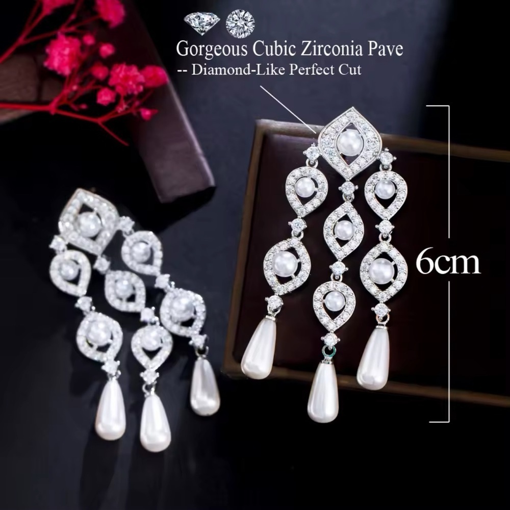 Elegant Cubic Zirconia Pearl Drop Statement Earrings Perfect for Special Occasio - Picture 9 of 12